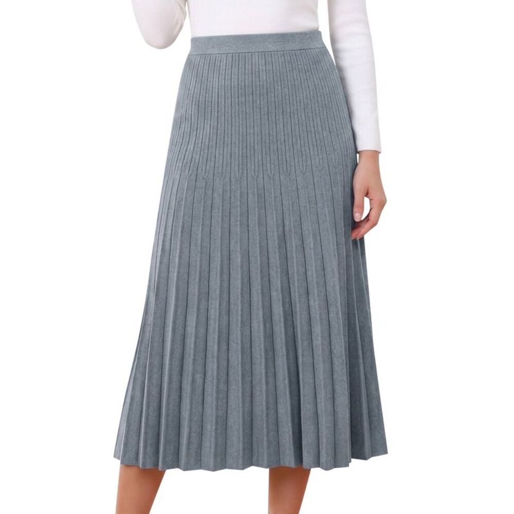 Women's Pleated Knit Skirt A Line Sweater Midi Skirts Gray